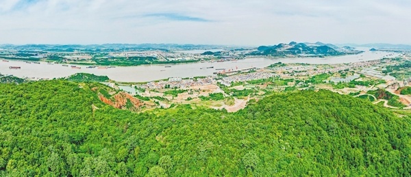 5月17日,鳥瞰陽新縣富池鎮(zhèn)長江沿線逐漸復(fù)綠的開山塘口。